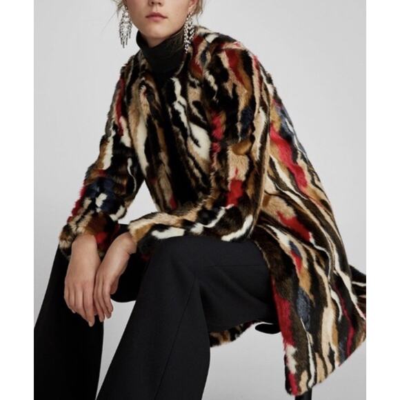 Zara Multicolor Faux Fur Coat XS Long Statement Jacket Plush Textured Outerwear - Picture 11 of 12